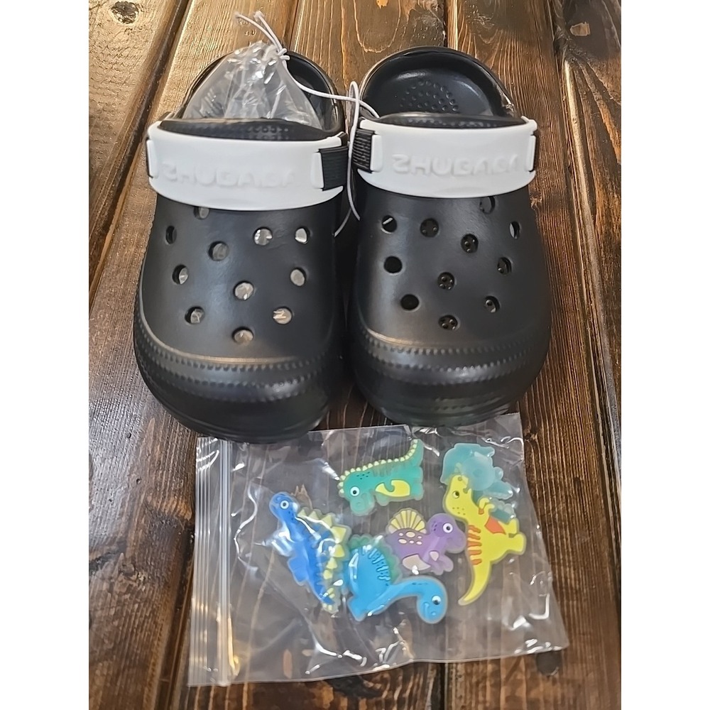 ZHUBABA Kids Two-Tone Black and White Dinosaur Clogs with DIY Charms